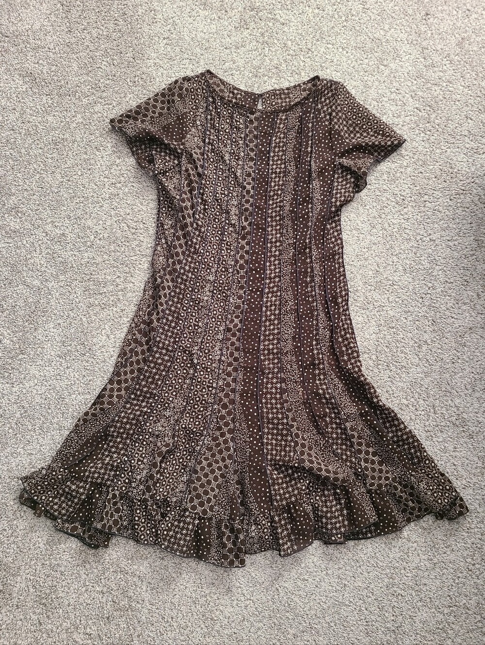 VTG Y2K Brown White Navy Print Patchwork A Line Short Sleeve Dress Size M